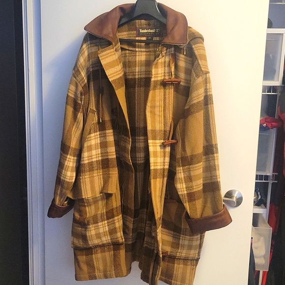 Timberland Brown Checkered Wool Coat M 3/4 Length